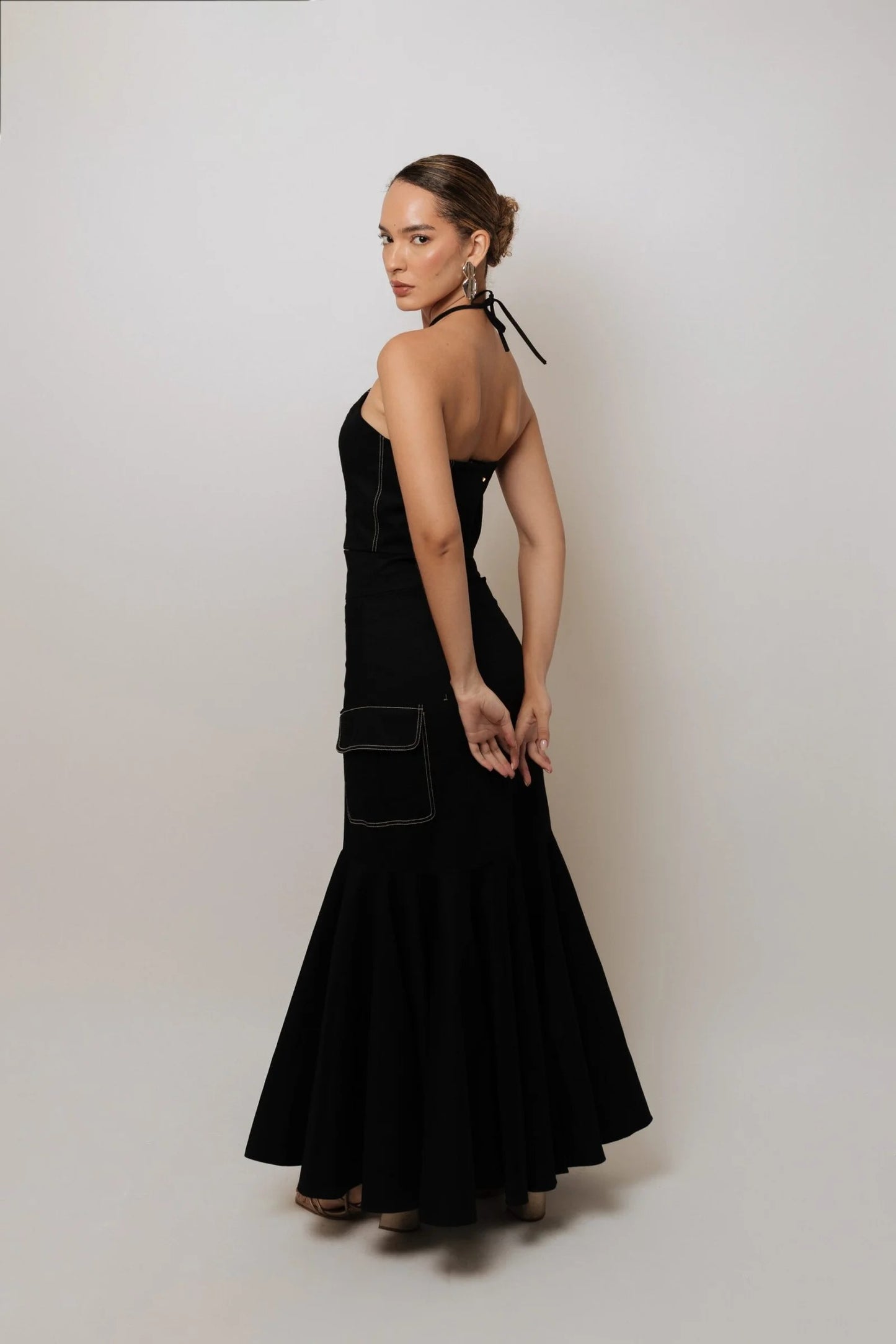 Falda Larga Bolsillos Laterales Pespuntadas