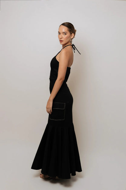 Falda Larga Bolsillos Laterales Pespuntadas