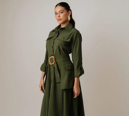 Vestido Manga Larga Camisero Fajón Con Bolsillos Y Hebilla