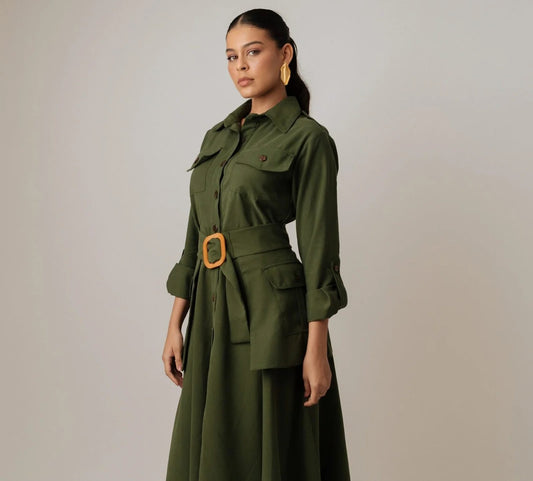 Vestido Manga Larga Camisero Fajón Con Bolsillos Y Hebilla