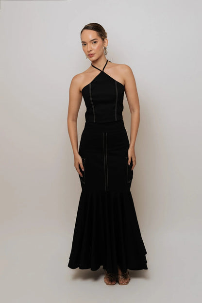 Falda Larga Bolsillos Laterales Pespuntadas