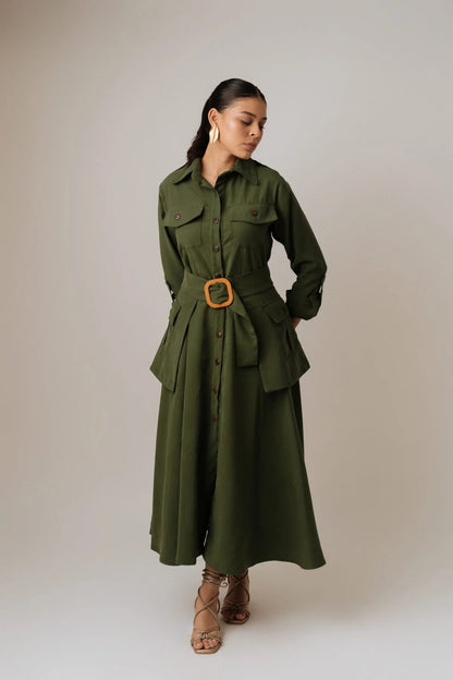 Vestido Manga Larga Camisero Fajón Con Bolsillos Y Hebilla